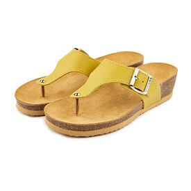 Leren teenslippers op kurkzool met sleehak Agata voor dames, geel